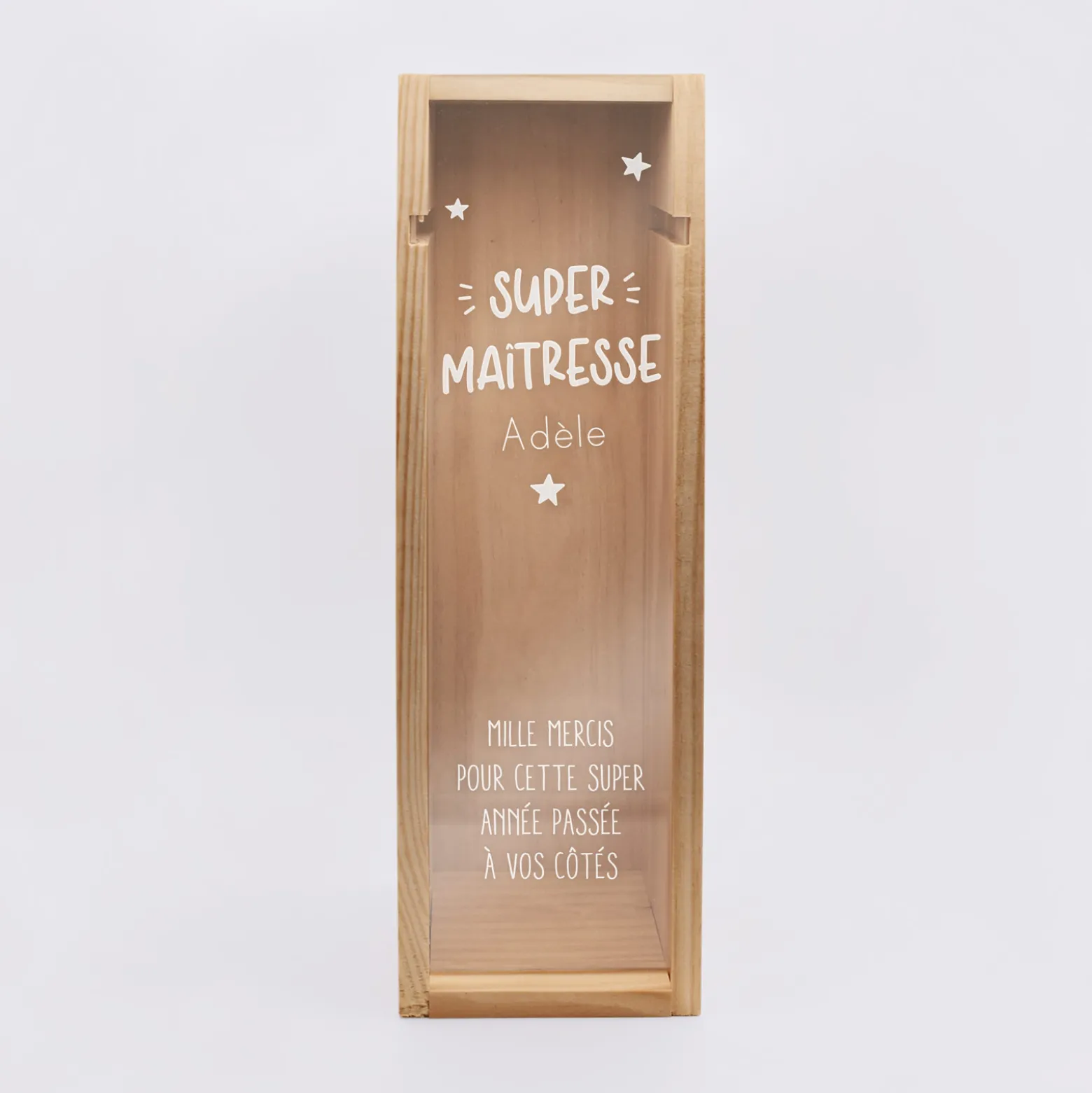 Caisse de vin personnalisée bois couvercle acrylique gravé - Edition spéciale "Super maîtresse"