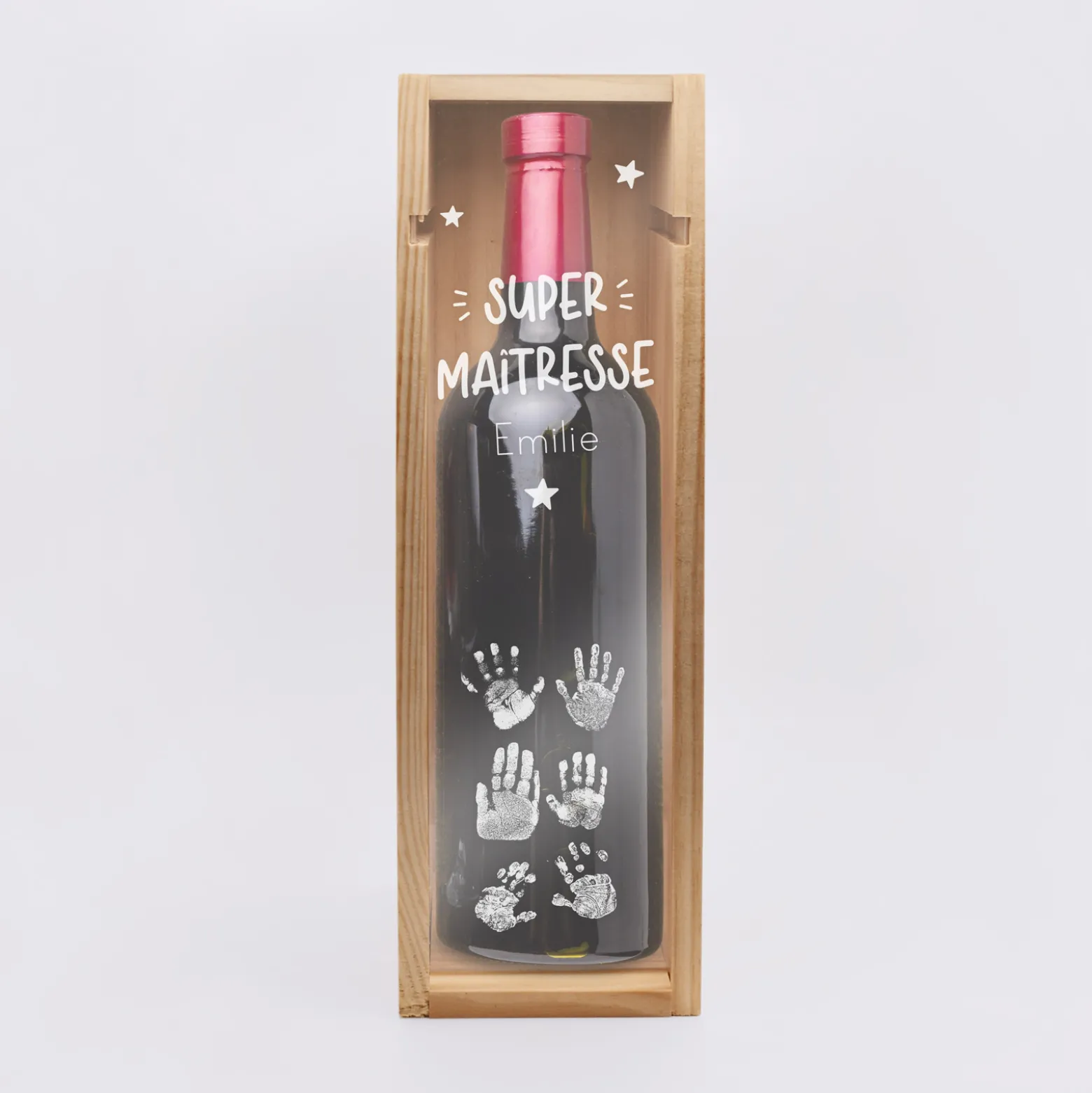 Caisse de vin personnalisée bois couvercle acrylique gravé - Edition spéciale "Super maîtresse"