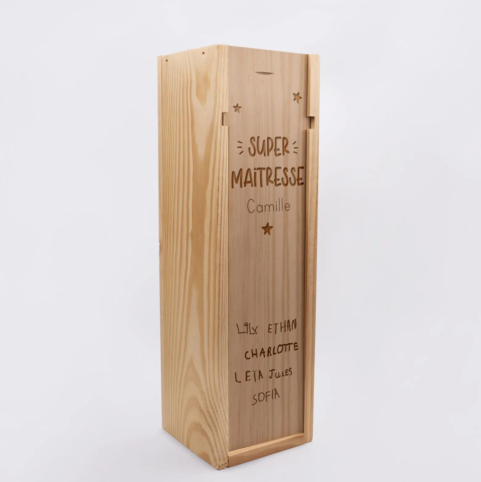 Caisse de vin personnalisée bois couvercle acrylique gravé - Edition spéciale "Super maîtresse"