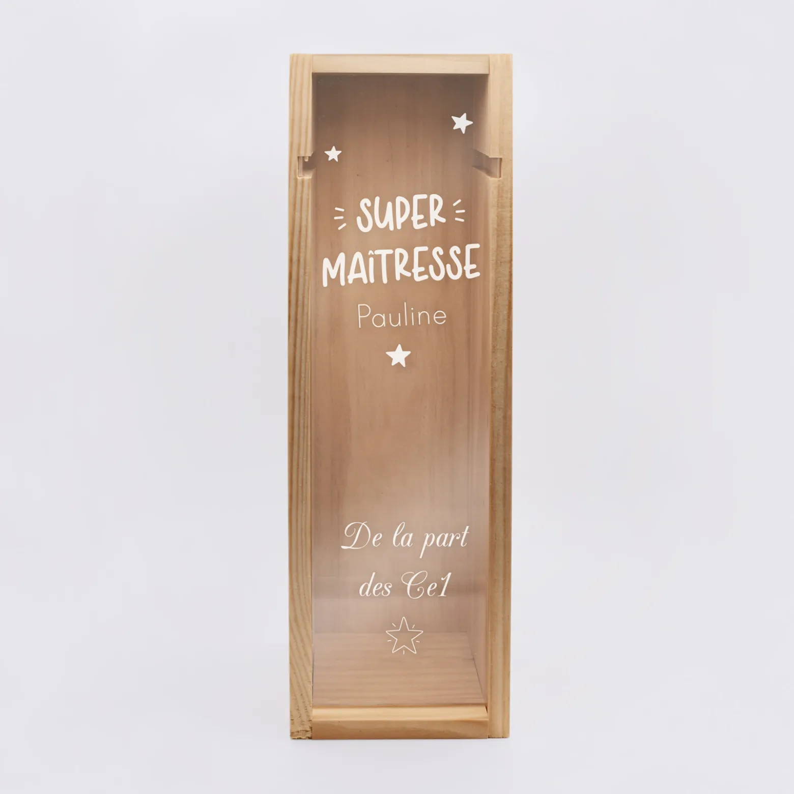 Caisse de vin personnalisée bois couvercle acrylique gravé - Edition spéciale "Super maîtresse"