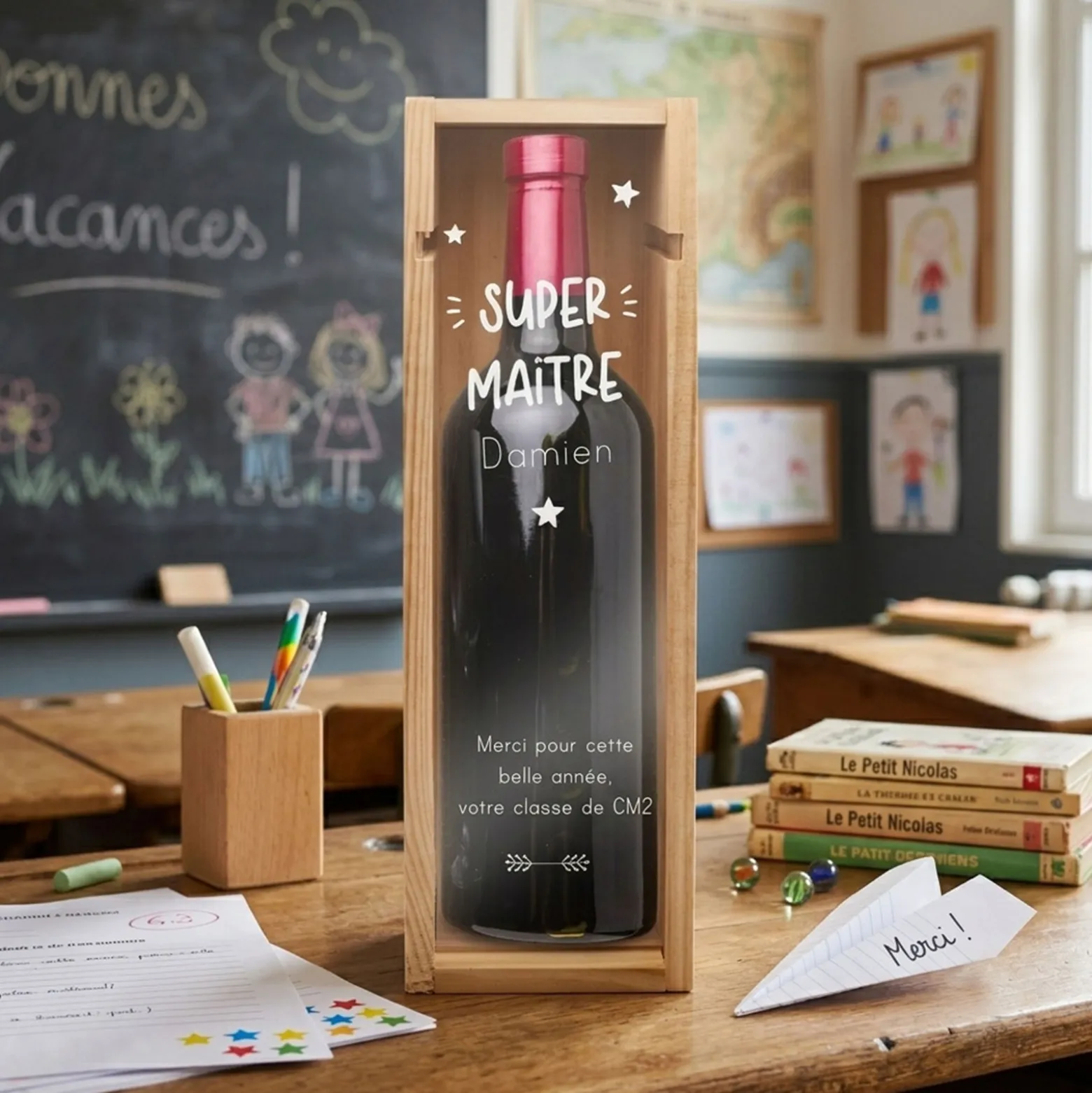 Caisse de vin personnalisée bois couvercle gravé - Edition spéciale "Super maître"