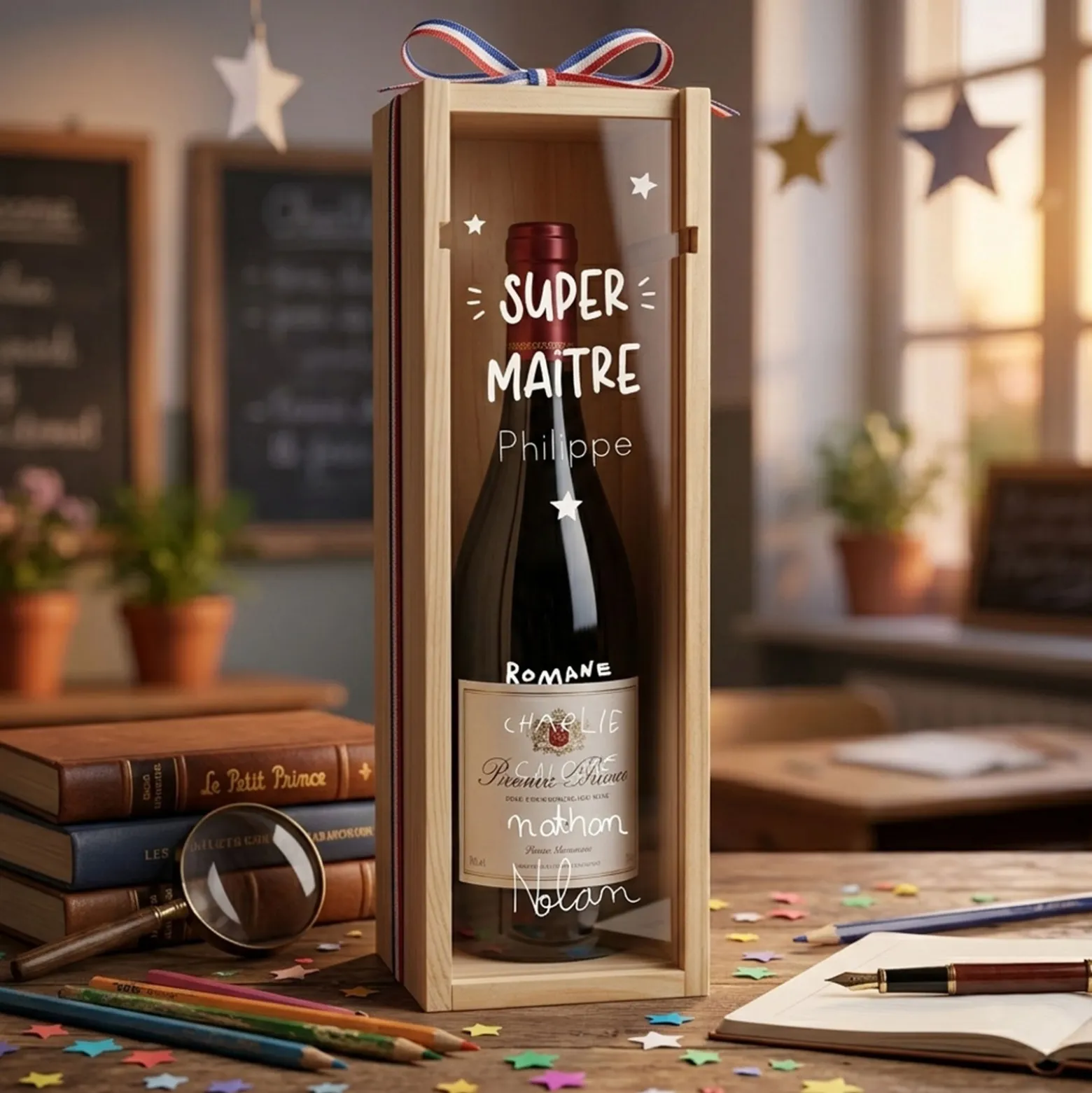Caisse de vin personnalisée bois couvercle gravé - Edition spéciale "Super maître"