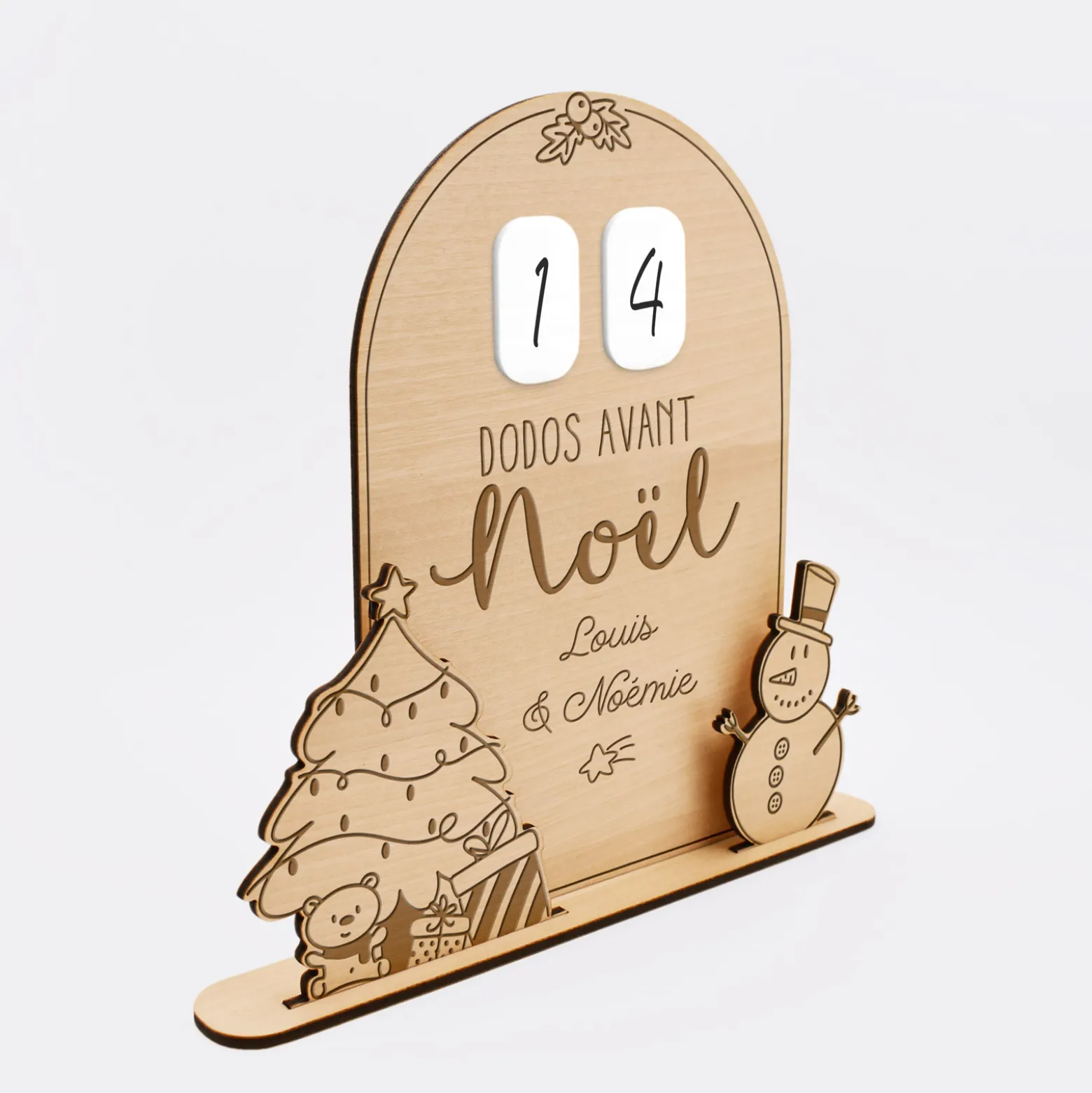 Calendrier de l'avent personnalisé compte à rebours Noël magique bois gravé