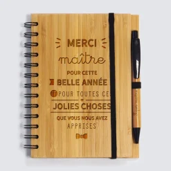 Carnet bambou Merci Maître 14,5x18 cm et stylo gravé - édition limitée pré-personnalisée