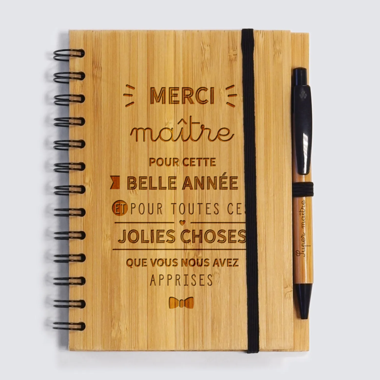 Carnet bambou Merci Maître 14,5x18 cm et stylo gravé - édition limitée pré-personnalisée