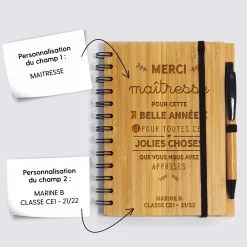 Carnet bambou personnalisé 14,5x18 cm et stylo gravé - Merci Maîtresse