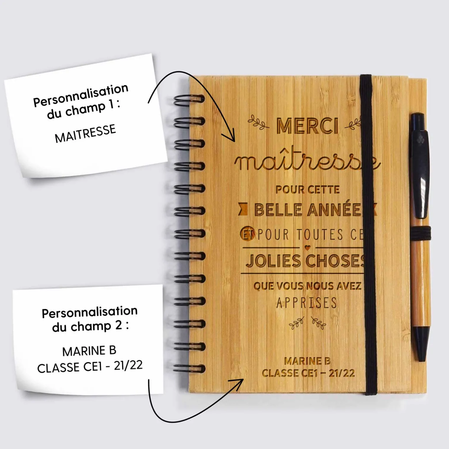 Carnet bambou personnalisé 14,5x18 cm et stylo gravé - Merci Maîtresse