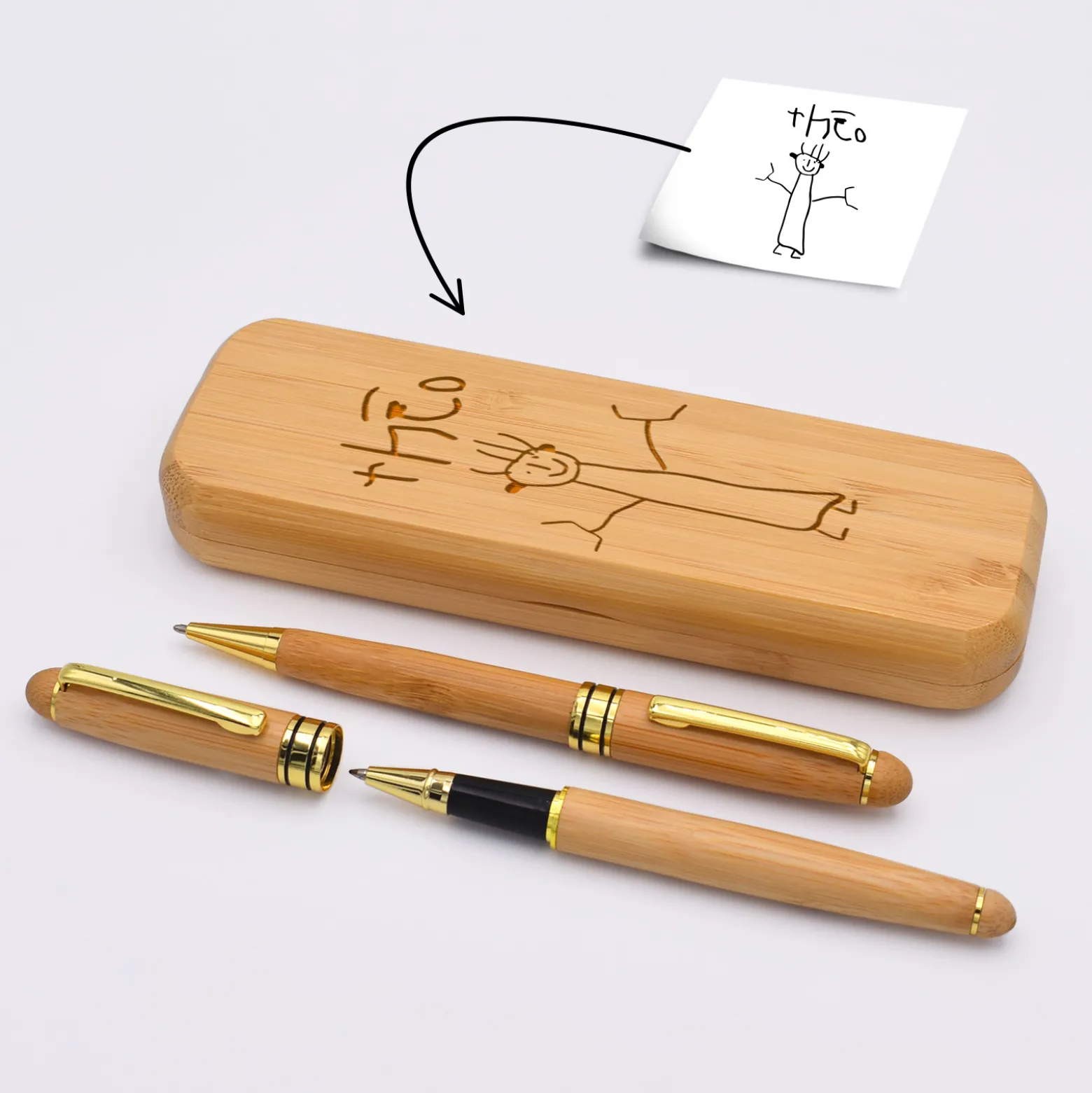 Coffret bambou personnalisé et 2 stylos gravés 170x60 mm