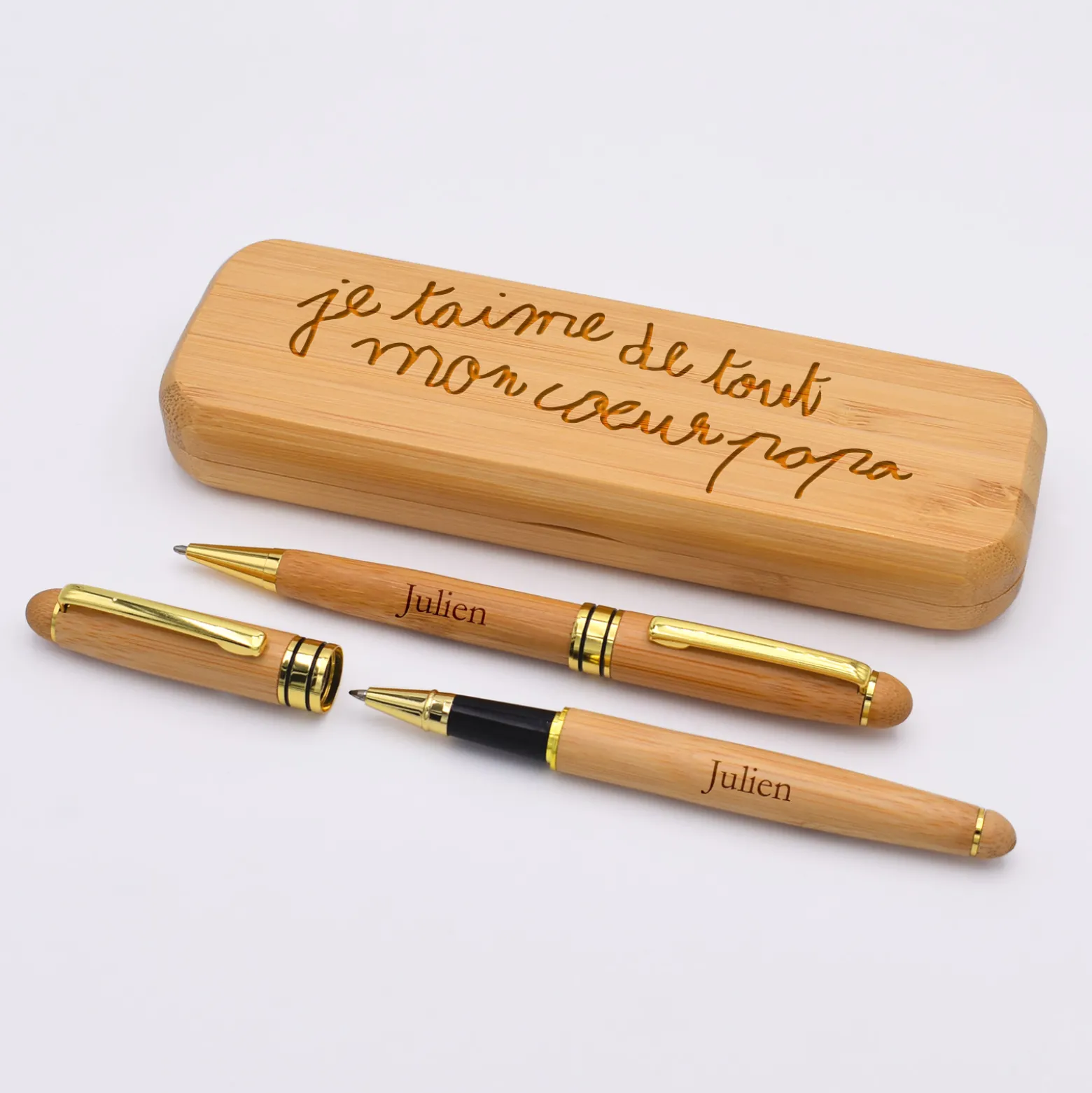 Coffret bambou personnalisé et 2 stylos gravés 170x60 mm