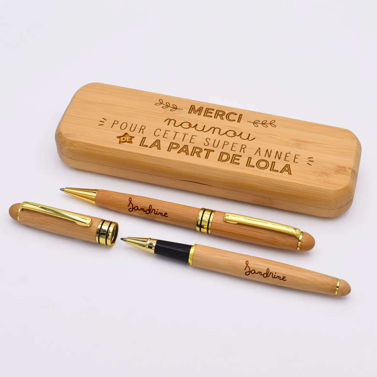 Coffret bambou personnalisé et 2 stylos gravés - Merci Maîtresse