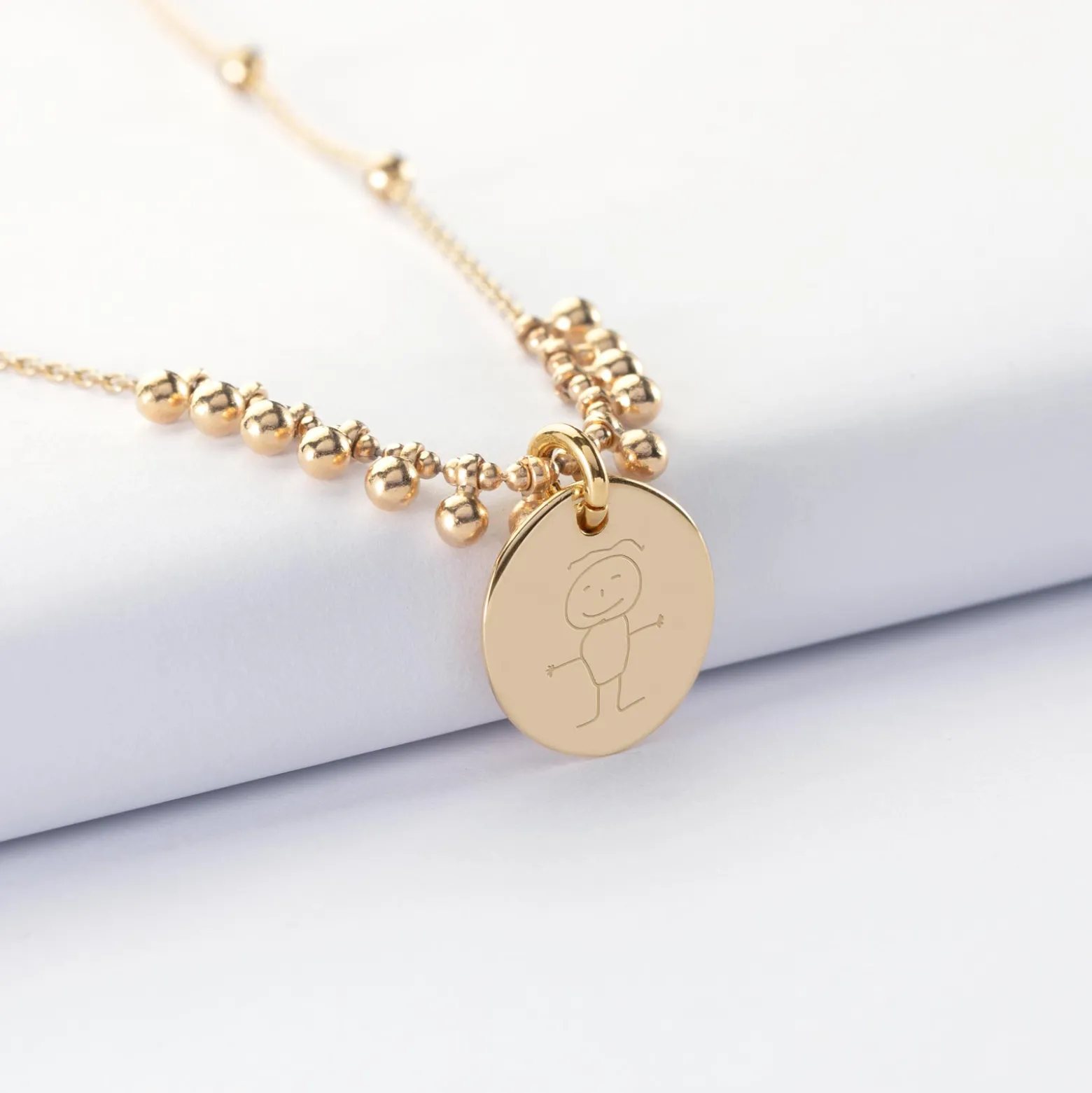 Collier chaîne boules personnalisé médaille gravée plaqué or 15 mm