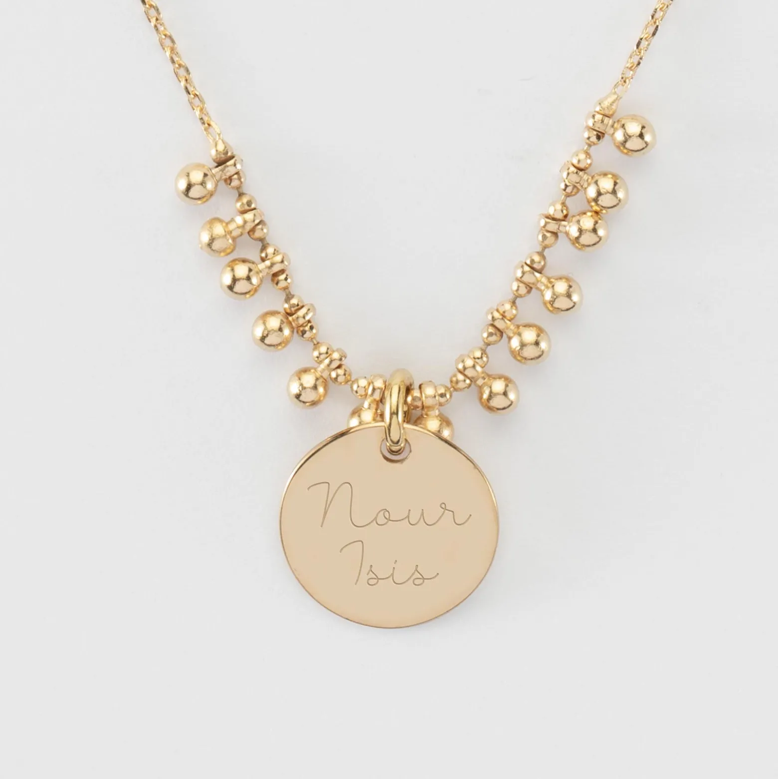 Collier chaîne boules personnalisé médaille gravée plaqué or 15 mm
