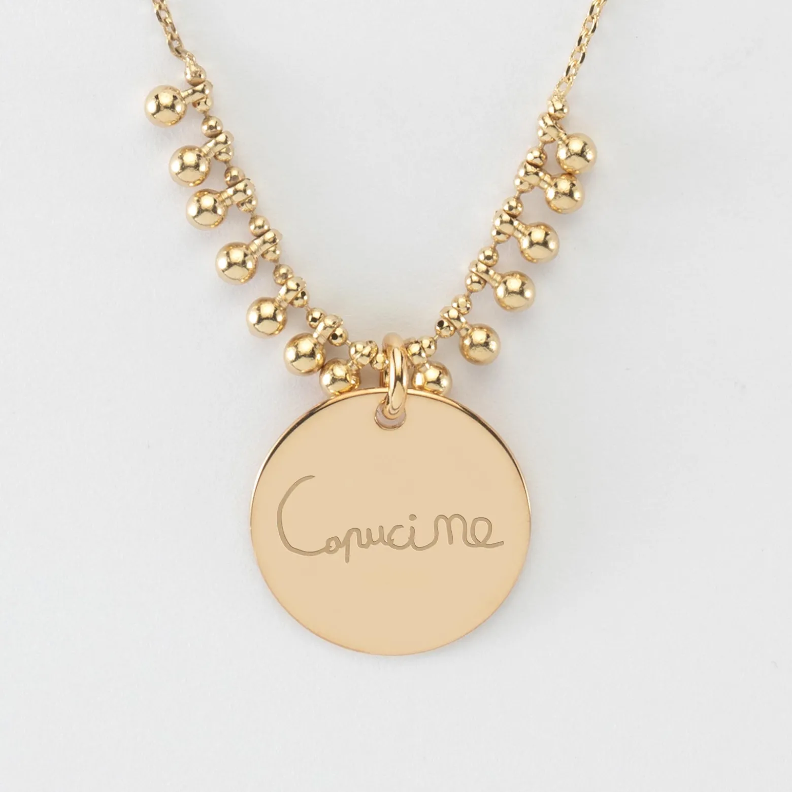 Collier chaîne boules personnalisé médaille gravée plaqué or 19 mm