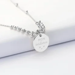 Collier chaîne boules personnalisé médaille gravée argent 15 mm