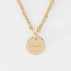 Collier chaîne double personnalisé médaille gravée plaqué or 15 mm