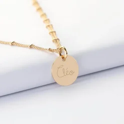 Collier chaîne double personnalisé médaille gravée plaqué or 15 mm