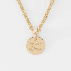 Collier chaîne double personnalisé médaille gravée plaqué or 15 mm
