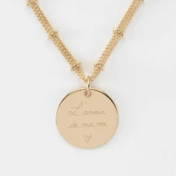 Collier chaîne double personnalisé médaille gravée plaqué or 19 mm