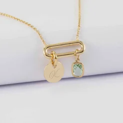 Collier chaîne ovale ouvert personnalisé médaille gravée plaqué or 10 mm et breloque rectangle zircon plaqué or 9 mm