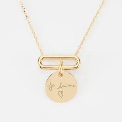 Collier chaîne ovale ouvert personnalisé médaille gravée plaqué or 15 mm