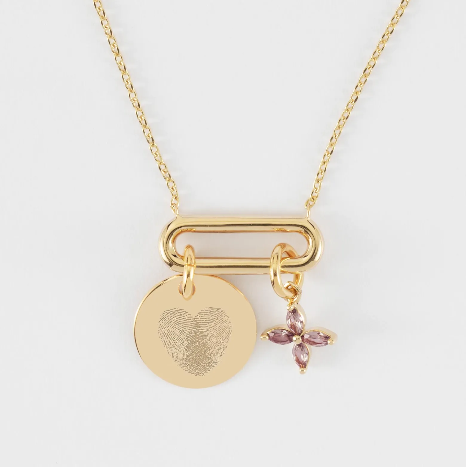 Collier chaîne ovale ouvert personnalisé médaille gravée plaqué or 15 mm et breloque fleur pétales 10 mm