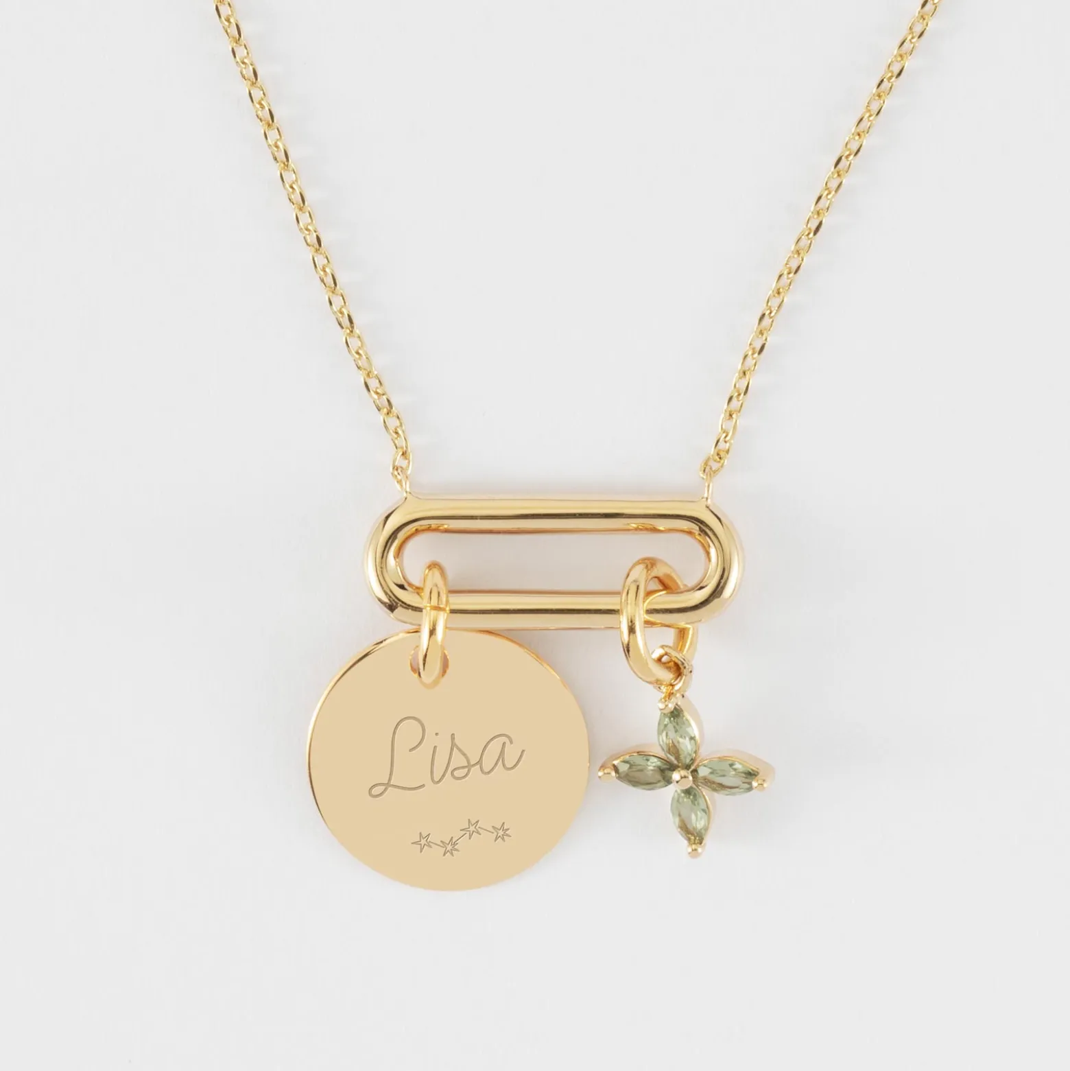 Collier chaîne ovale ouvert personnalisé médaille gravée plaqué or 15 mm et breloque fleur pétales 10 mm