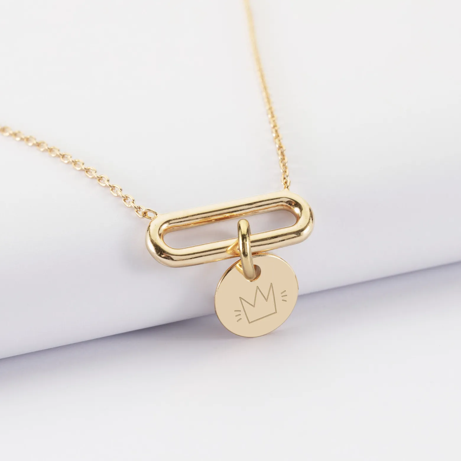 Collier chaîne ovale ouvert personnalisé médaille gravée plaqué or 10 mm
