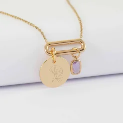 Collier chaîne ovale ouvert personnalisé médaille gravée plaqué or 15 mm et breloque rectangle zircon plaqué or 9 mm