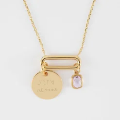 Collier chaîne ovale ouvert personnalisé médaille gravée plaqué or 15 mm et breloque rectangle zircon plaqué or 9 mm