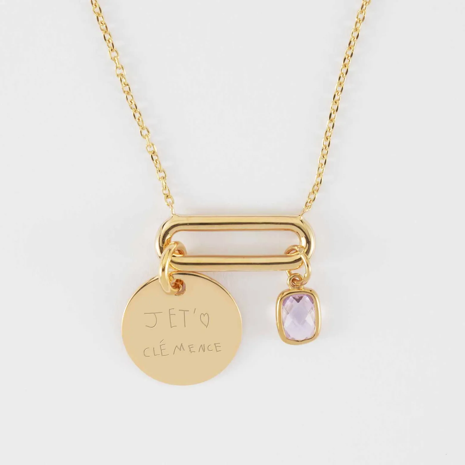 Collier chaîne ovale ouvert personnalisé médaille gravée plaqué or 15 mm et breloque rectangle zircon plaqué or 9 mm
