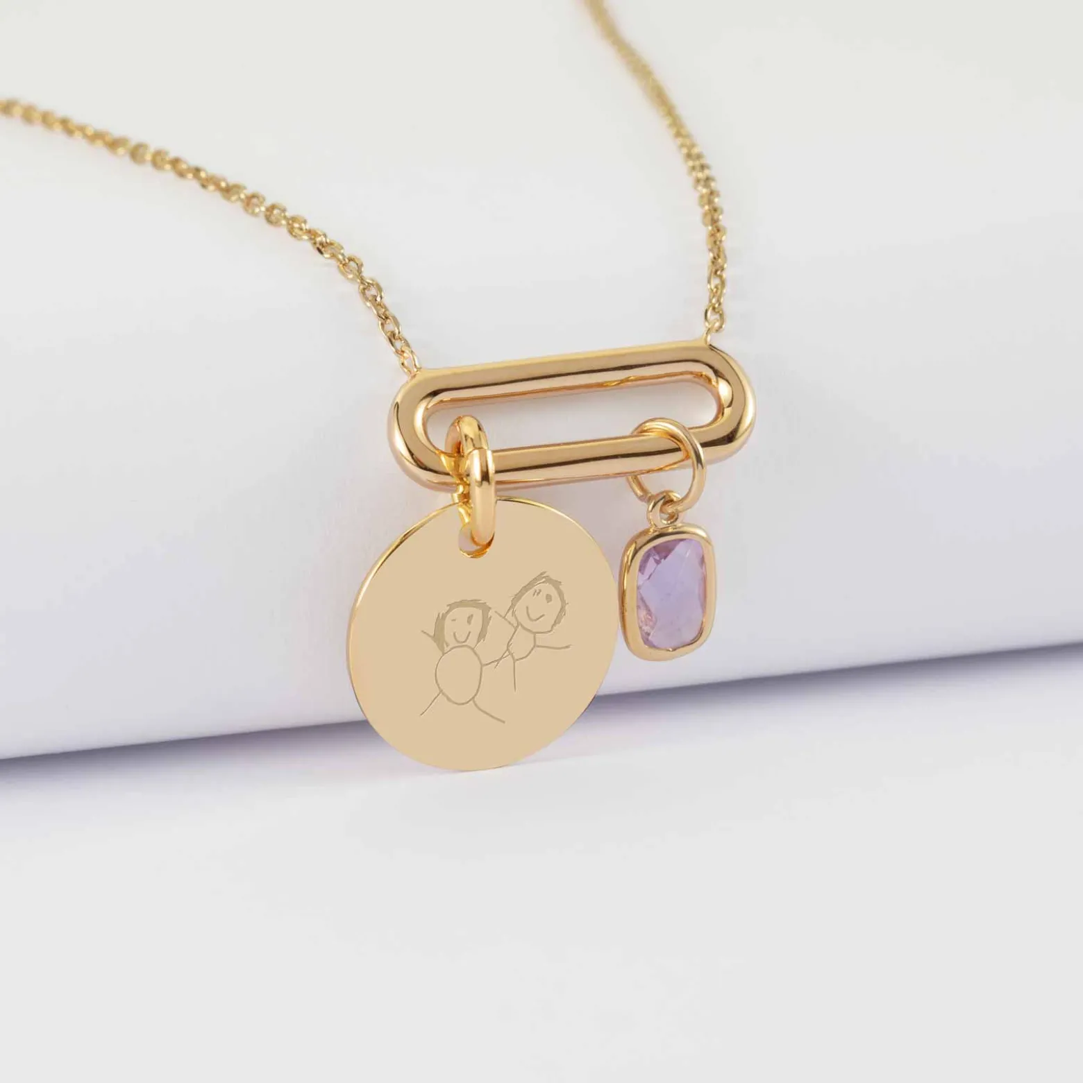 Collier chaîne ovale ouvert personnalisé médaille gravée plaqué or 15 mm et breloque rectangle zircon plaqué or 9 mm