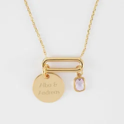 Collier chaîne ovale ouvert personnalisé médaille gravée plaqué or 15 mm et breloque rectangle zircon plaqué or 9 mm