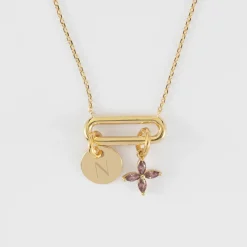Collier chaîne ovale ouvert personnalisé médaille gravée plaqué or 10 mm et breloque fleur pétales 10 mm