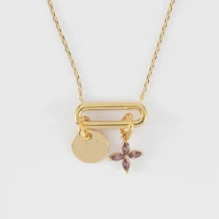 Collier chaîne ovale ouvert personnalisé médaille gravée plaqué or 10 mm et breloque fleur pétales 10 mm