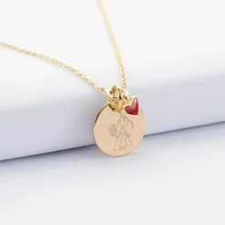 Collier coeur émail rouge personnalisé médaille plaqué or 15 mm