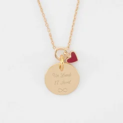 Collier coeur émail rouge personnalisé médaille plaqué or 15 mm