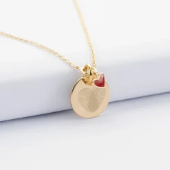 Collier coeur émail rouge personnalisé médaille plaqué or 15 mm
