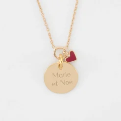 Collier coeur émail rouge personnalisé médaille plaqué or 15 mm