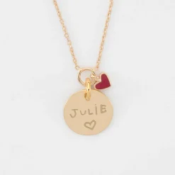 Collier coeur émail rouge personnalisé médaille plaqué or 15 mm