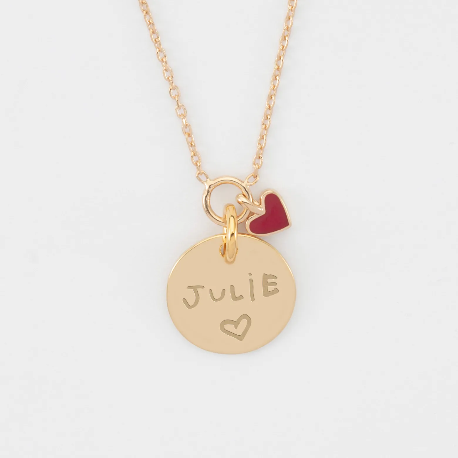 Collier coeur émail rouge personnalisé médaille plaqué or 15 mm