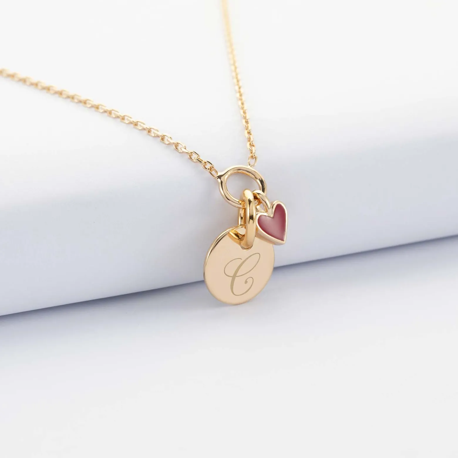 Collier coeur émail rouge personnalisé médaille plaqué or 10 mm