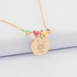 Collier enfant cœur email multicolore personnalisé médaille gravée plaqué or 15 mm