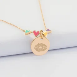 Collier enfant cœur email multicolore personnalisé médaille gravée plaqué or 15 mm