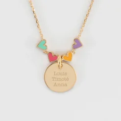 Collier enfant cœur email multicolore personnalisé médaille gravée plaqué or 15 mm