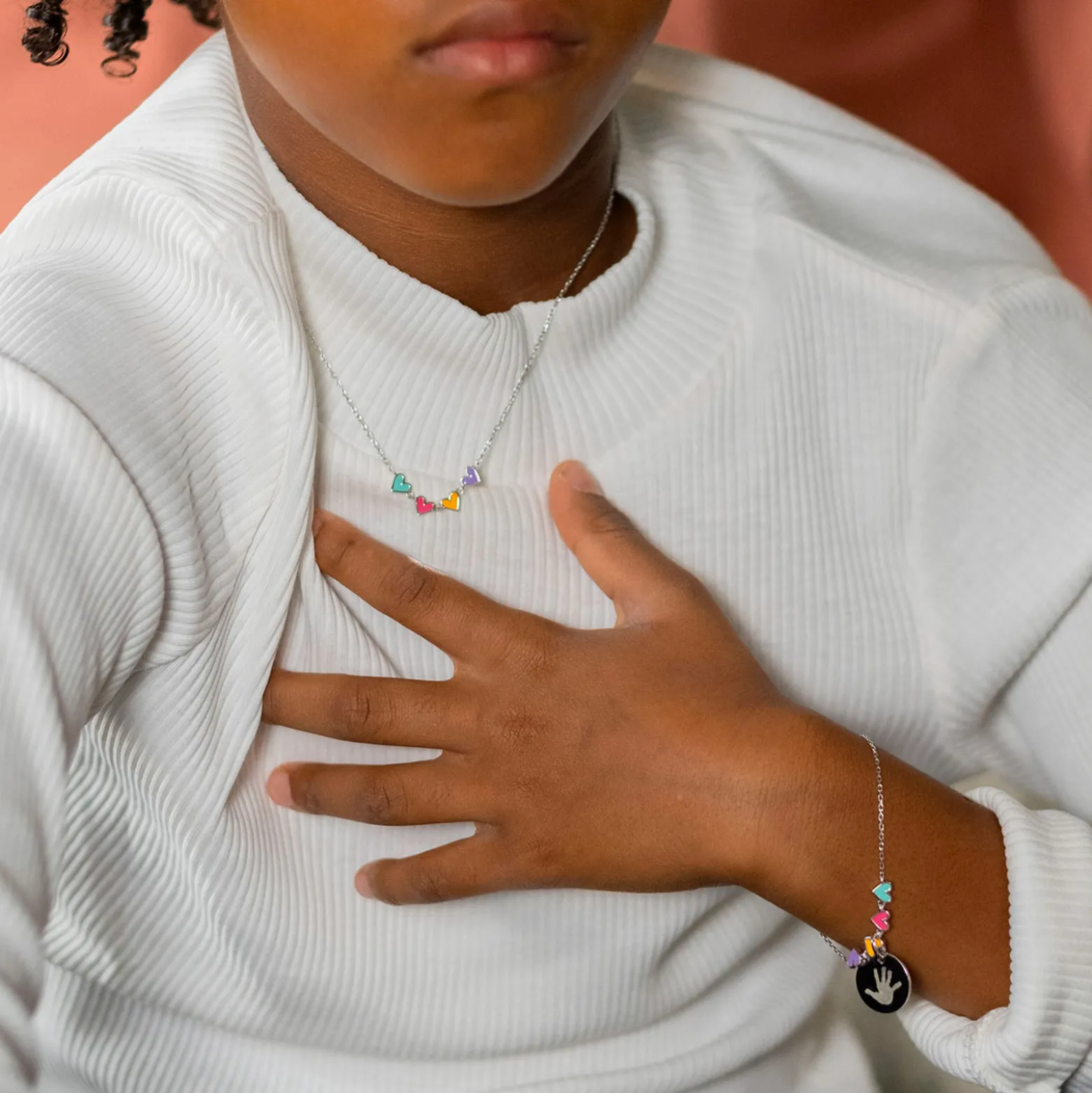 Collier enfant cœur email multicolore argent
