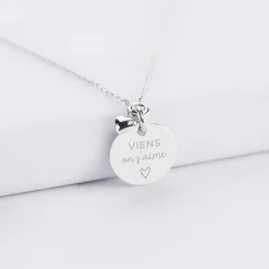 Collier mini coeur bombé personnalisé médaille gravée argent 15 mm