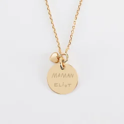Collier mini coeur bombé personnalisé médaille gravée plaqué or 15 mm