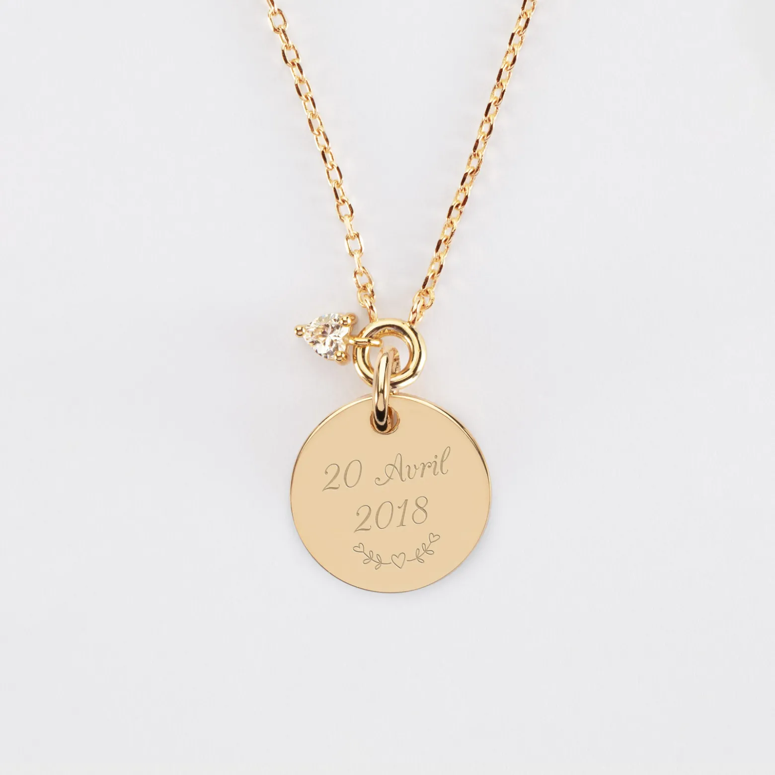 Collier mini coeur scintillant personnalisé médaille gravée plaqué or 15 mm