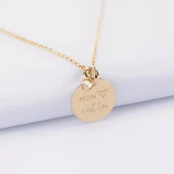 Collier mini coeur scintillant personnalisé médaille gravée plaqué or 15 mm