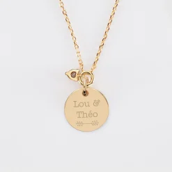 Collier mini coeur scintillant Mariée personnalisé médaille gravée plaqué or 15 mm
